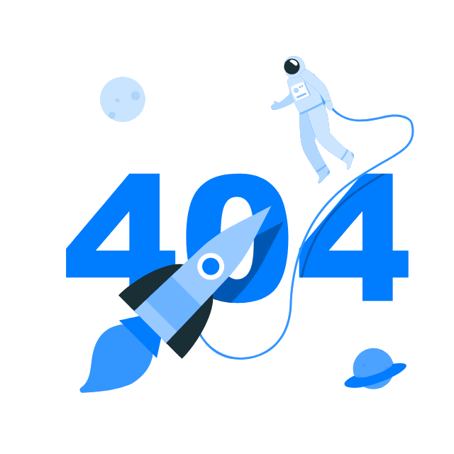 Astronaut treibt zwischen einer 404-Zahl und einer Rakete im All