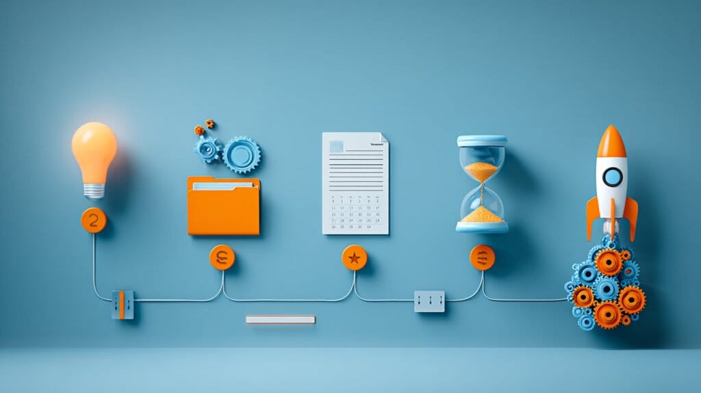 Symbolische Darstellung eines Förderprozesses: Glühbirne für die KI-Idee, Ordner und Zahnräder für Förderauswahl, Dokument für Antrag, Sanduhr für Wartezeit und Rakete mit Zahnrädern für Projektstart.