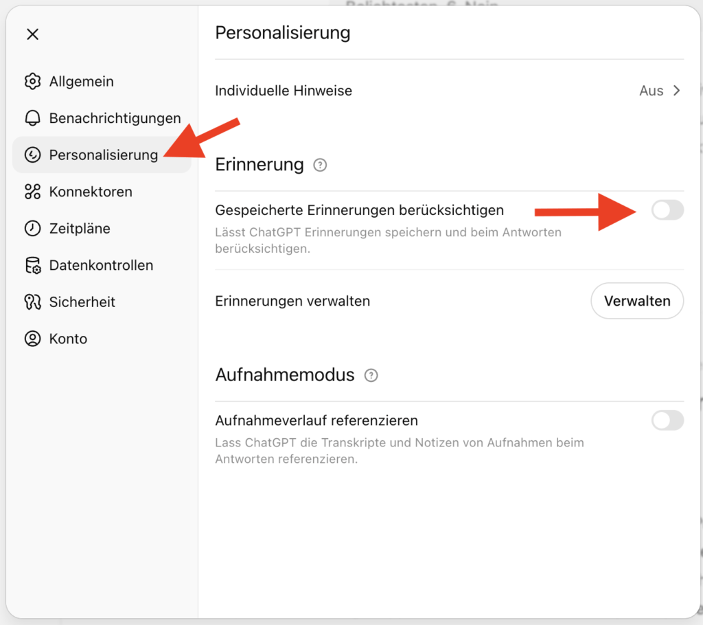 ChatGPT Einstellungen - Erinnerungsfunktion ausgeschaltet