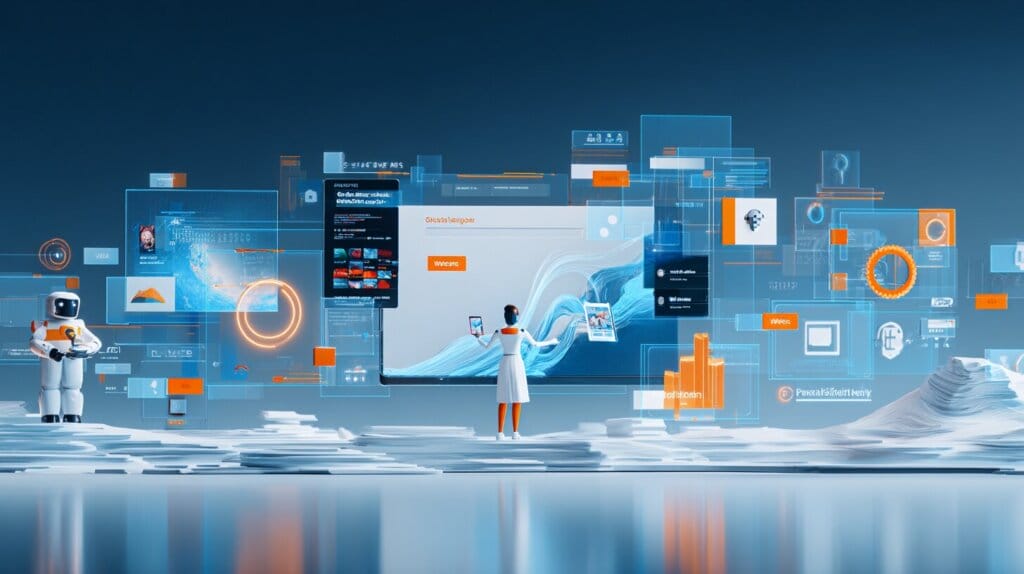 Ein Mensch interagiert mit Daten und Grafiken, unterstützt von künstlicher Intelligenz und Automatisierung.