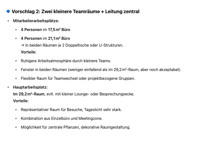 Ergebnis aus der ChatGPT Analyse für die Büroaufteilung - Variante 2.