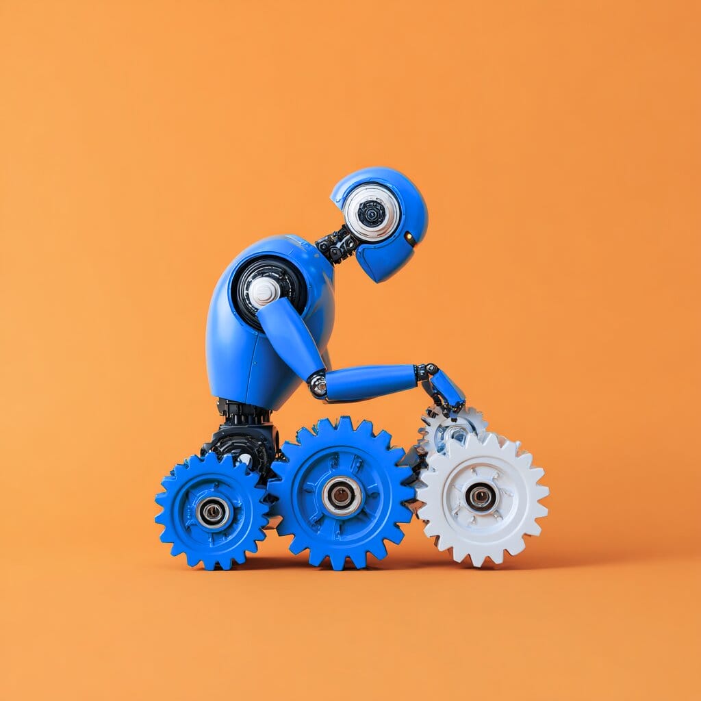 Ein blauer Roboter mit Zahnrädern als Füßen arbeitet an einem weißen Zahnrad auf orangefarbenem Hintergrund.