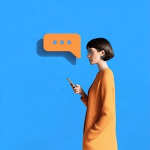 Eine Frau in orangefarbener Kleidung und Brille hält ein Telefon und steht vor einer großen, orangefarbenen Sprechblase auf blauem Hintergrund.