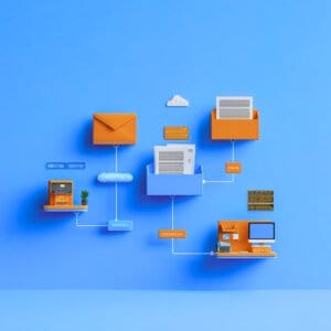 Eine Infografik zeigt den digitalen Informationsfluss zwischen Computern und Dokumenten.