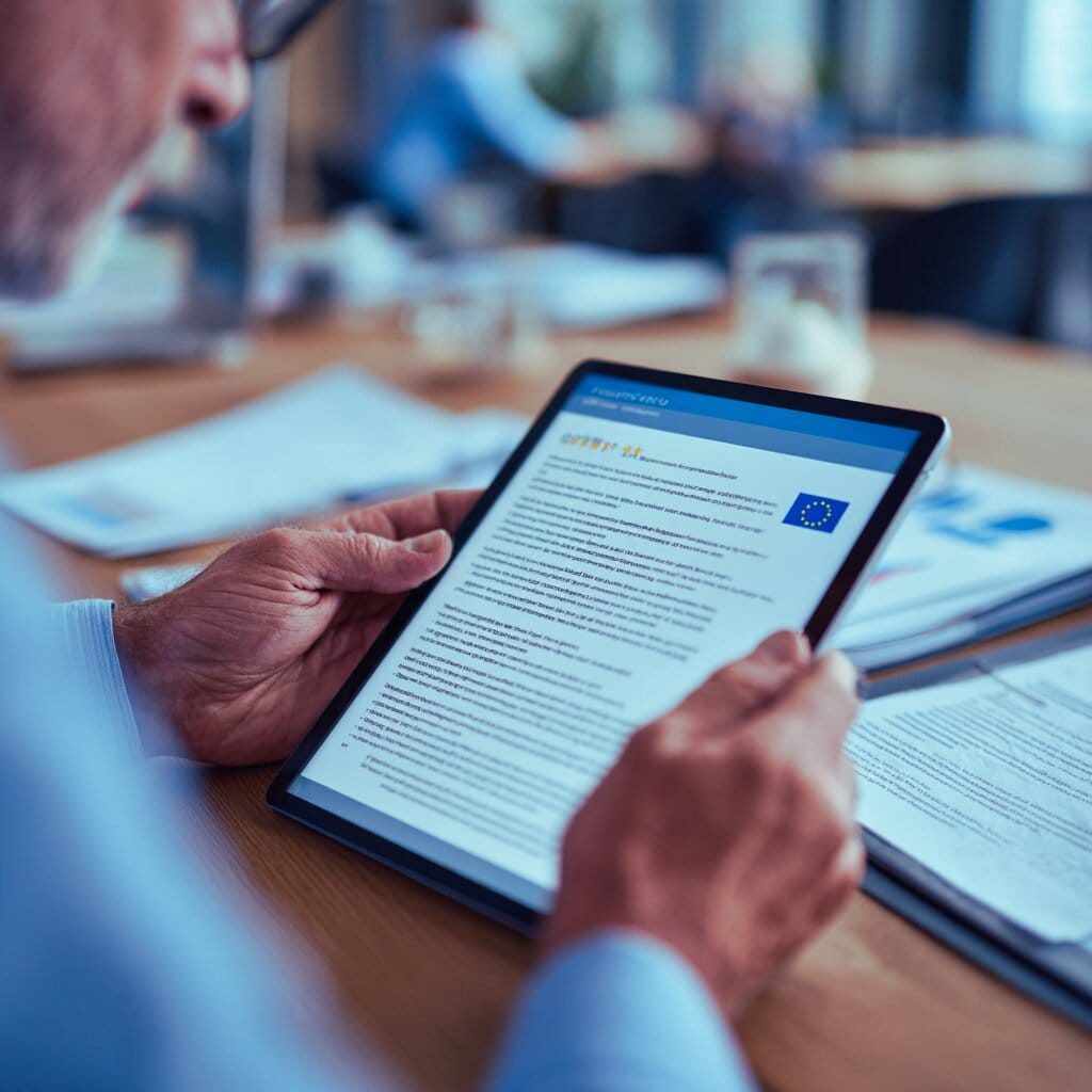 Mann hält Tablet mit KI-Regulierung.