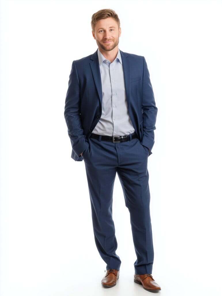 Junger Mann im Anzug vor weißem Hintergrund.