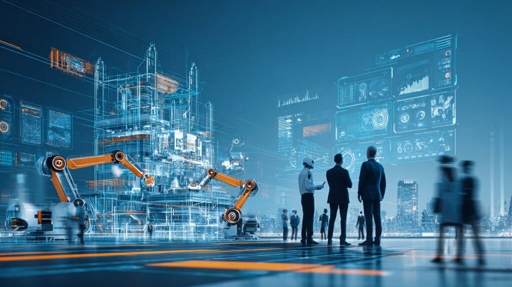 Menschen beobachten eine futuristische, holografische Industrie-Anlage mit Daten-Dashboards.