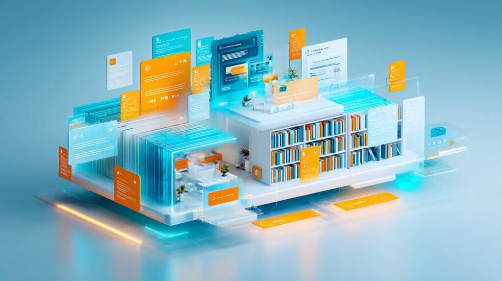 Eine isometrische Darstellung einer Prompt-Bibliothek.