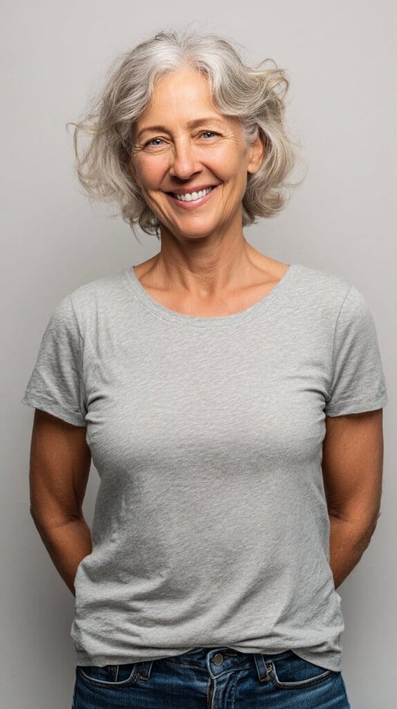 Frau in grauem T-Shirt, mittellange weiße Haare, lächelt