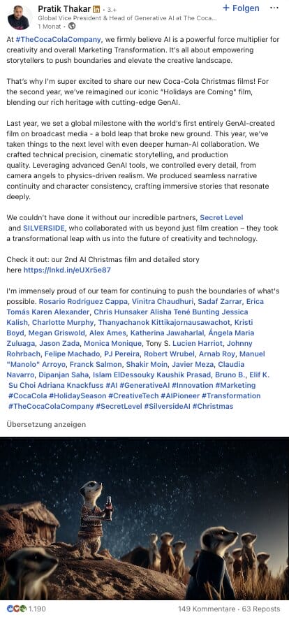 Ausschnitt eines LinkedIn-Posts von Pratik Thakar, Global Vice President und Head of Generative AI bei The Coca-Cola Company, in dem die Bedeutung von Künstlicher Intelligenz für Kreativität und Marketing hervorgehoben wird.