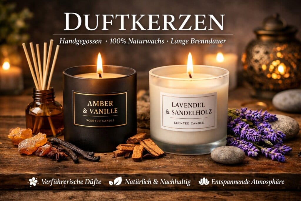 Produktmarketing-Motiv für Duftkerzen mit großem Text „DUFTKERZEN“ oben; im Bild zwei brennende Kerzen mit Beschriftungen der Duftnoten, dekorative Elemente wie Lavendel und Gewürze geben ein stimmungsvolles, warmes Verkaufsbild wieder.