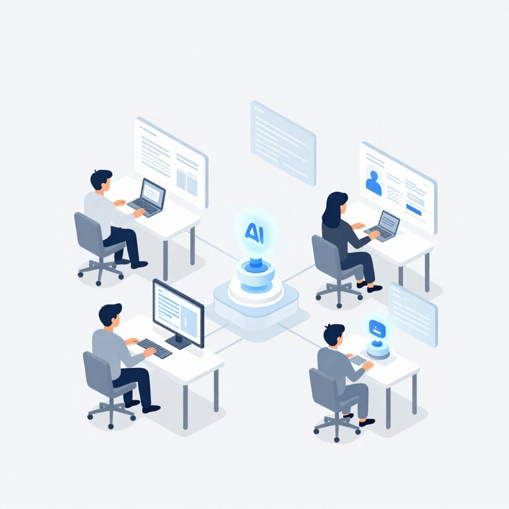 Vernetzte Arbeitsplätze in der Hausverwaltung, die durch zentrale KI-Mitarbeiter auf einer gemeinsamen KI-Plattform unterstützt werden.