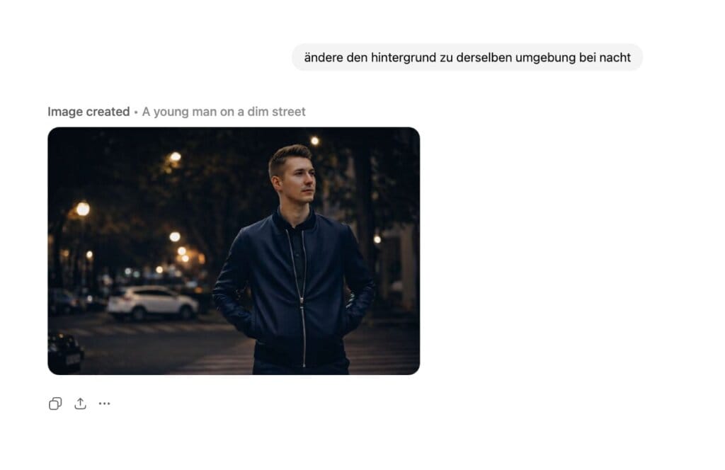 Mit GPT Image 1.5 bearbeitetes Bild eines jungen Mannes mit Lederjacke, der bei Nacht durch eine Straße läuft.