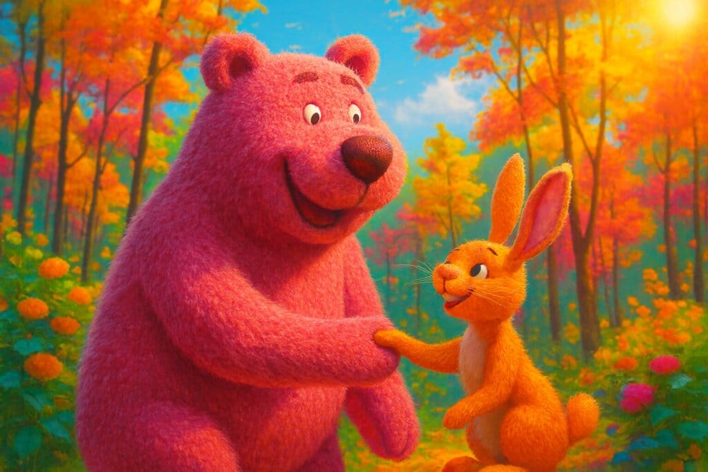 Drei bunte Illustrationen einer freundlichen, rosa Teddybär-Figur nebeneinander; links ein Porträt des Bären vor einfarbigem Hintergrund, rechts zwei Panels mit dem Bären in einer farbenfrohen Waldszene beim Honig-Glas und in Interaktion mit einem kleinen Hasen zeigt konsistente Charakterdarstellung über mehrere Panels.