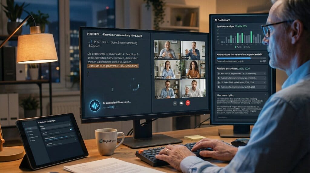Ein Verwalter am Arbeitsplatz nutzt eine KI-Plattform für eine virtuelle Eigentümerversammlung. Der Monitor zeigt ein Live-Protokoll, Video-Feeds der Teilnehmer und ein KI-Dashboard zur Echtzeit-Analyse von Beschlüssen und Stimmungsbildern.